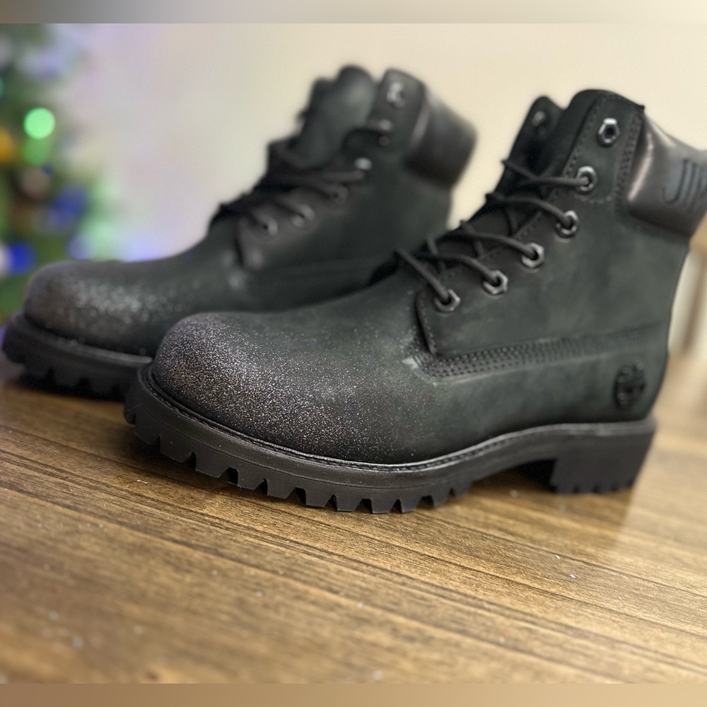 Jimmy Choo x Timberland nubuck suede hiker boots with glitter spray detailing